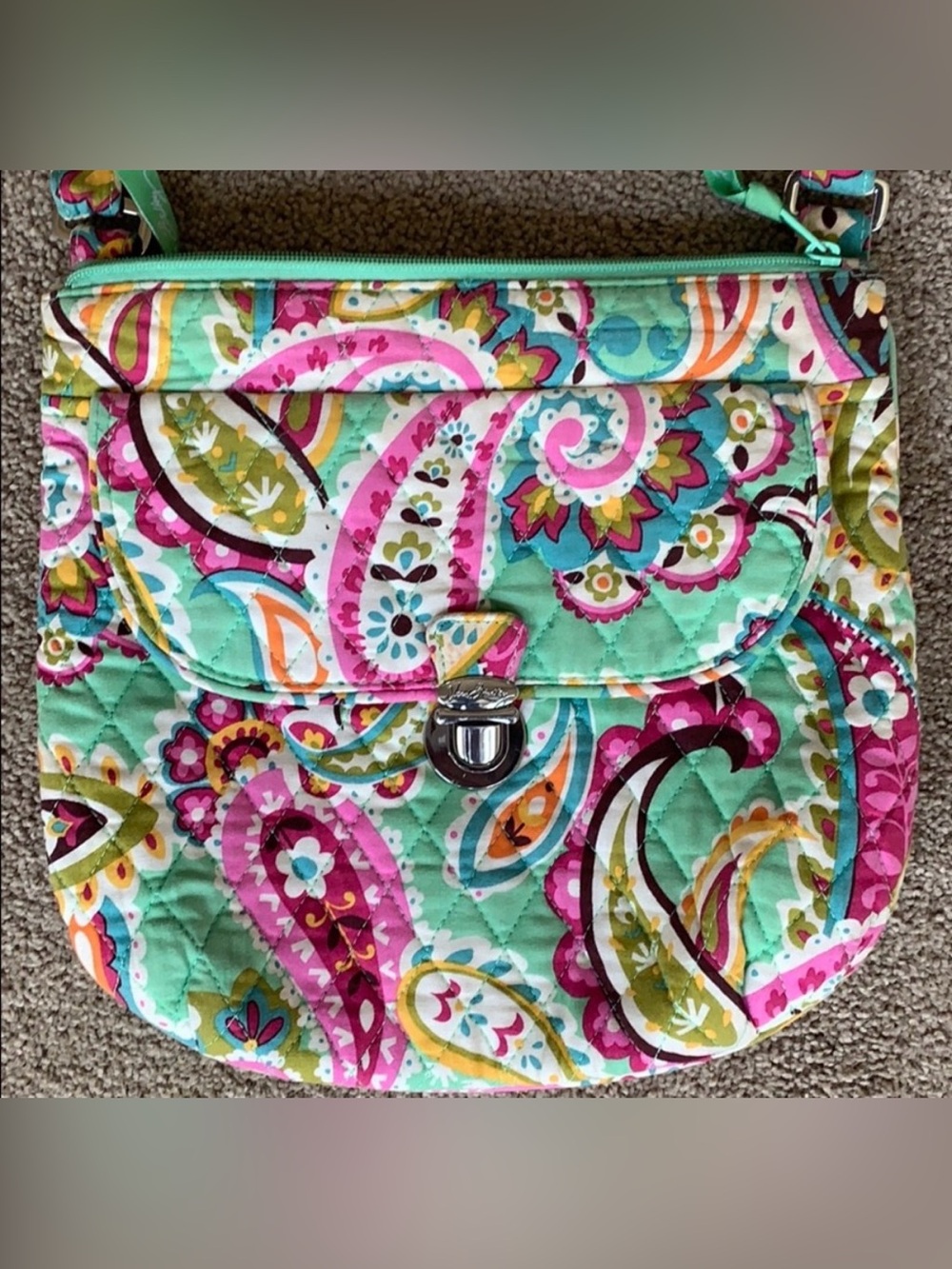 Vera Bradley Quilted Paisley Crossbody Bag in Mint and Pink